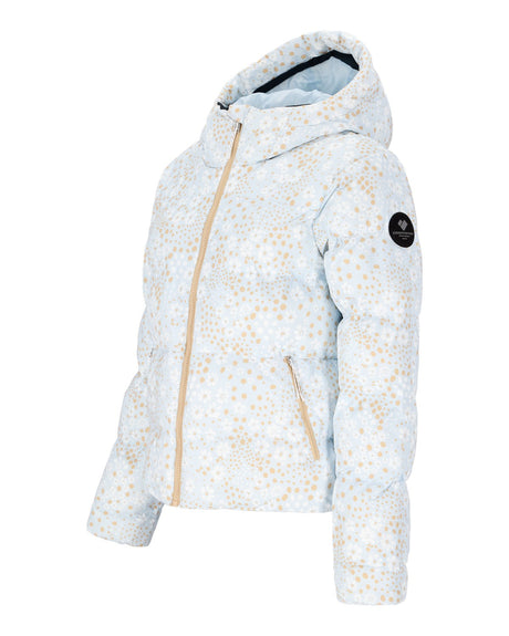 Obermeyer Slopeside Puffer Womens Jacket 2026 ski jacket -- Daylight Meadow 8 colorway lifestyle view showing full jacket