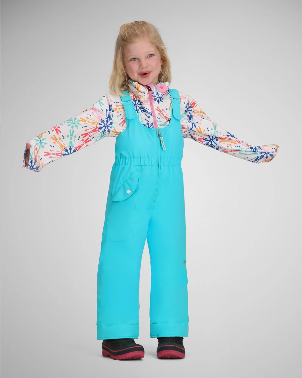 Obermeyer Snoverall Toddler Bib 2026 ski pant -- front view on model showing insulated ski pant at Willis Ski and Board