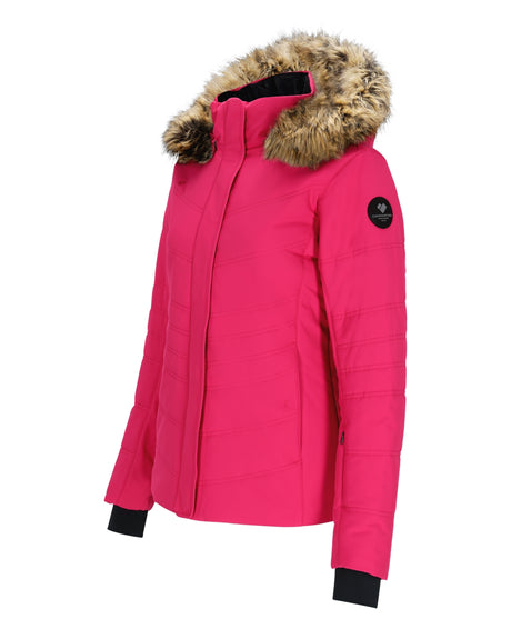 Obermeyer Tuscany Ii Womens Jacket ski jacket -- Showstopper 12 P colorway front view on model with hood and cuffs