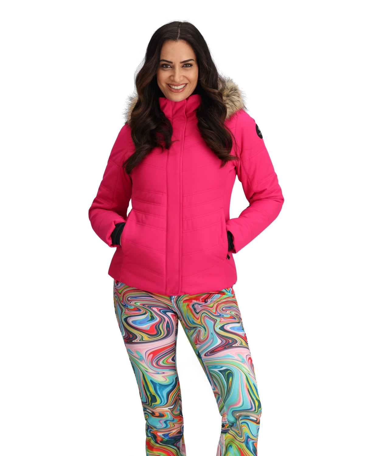 Obermeyer Tuscany Ii Womens Jacket ski jacket -- Showstopper 16 P colorway back view showing articulated powder skirt and fit