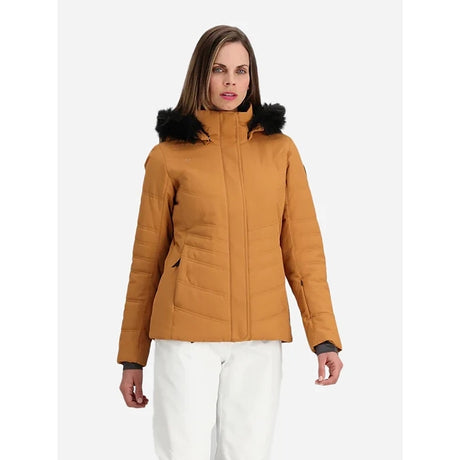 Obermeyer Tuscany Womens Jacket ski jacket -- Brown Sugar 8 colorway detail view of hood lining and wrist cuff design