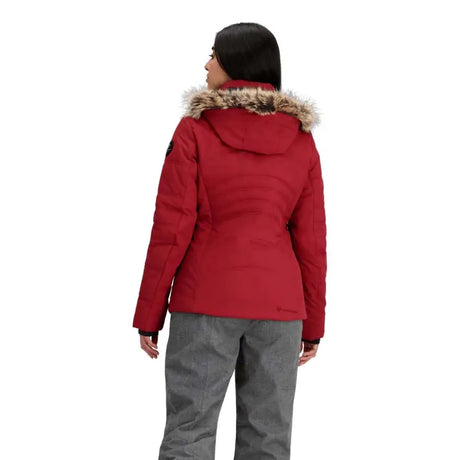 Obermeyer Tuscany Womens Petite Jacket ski jacket -- Maroon Bells colorway front view on model with hood and cuffs
