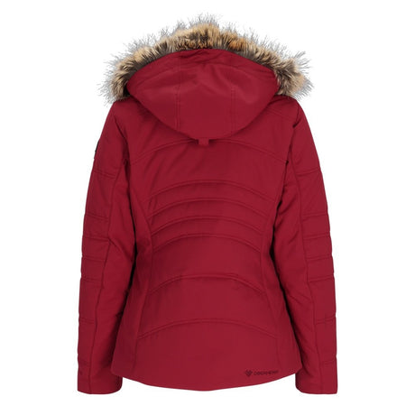 Obermeyer Tuscany Womens Petite Jacket ski jacket -- Maroon Bells 6 colorway front view on model with hood and cuffs