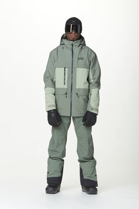 Picture Dugnad Mens Jacket ski jacket -- Shadow Laurel colorway front view on model with hood and cuffs