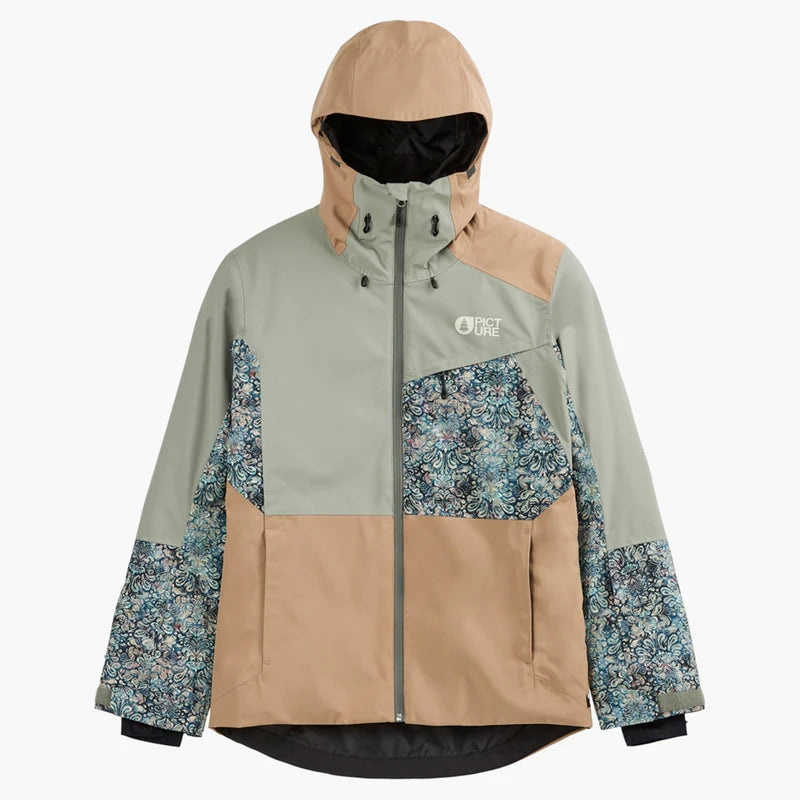 Picture Seen Womens Jacket ski jacket -- Shadow colorway front view on model with hood and cuffs