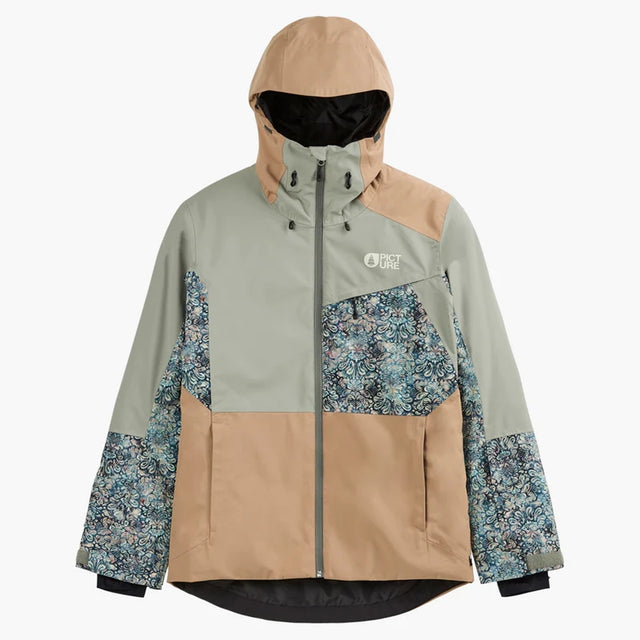 Picture Seen Womens Jacket ski jacket -- Shadow colorway front view on model with hood and cuffs