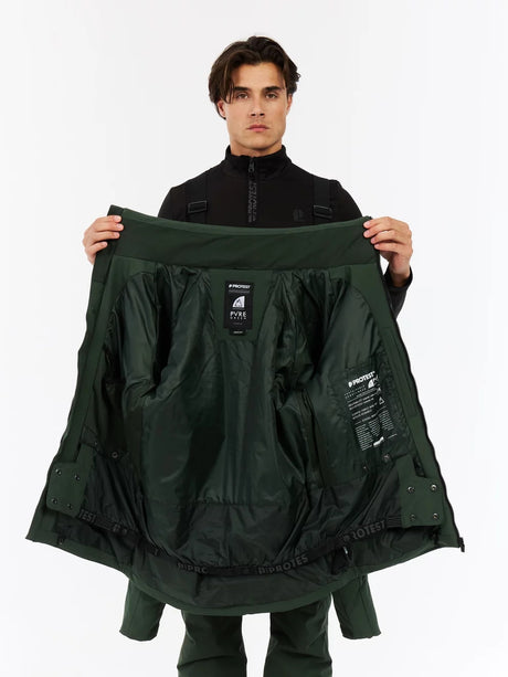Protest Akas Mens Jacket 2026 ski jacket -- Kale Green colorway back view showing articulated powder skirt and fit