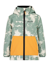 Protest Carlos toddler jacket in a sage green and cream cloud print with an orange lower panel, front view with the hood up.