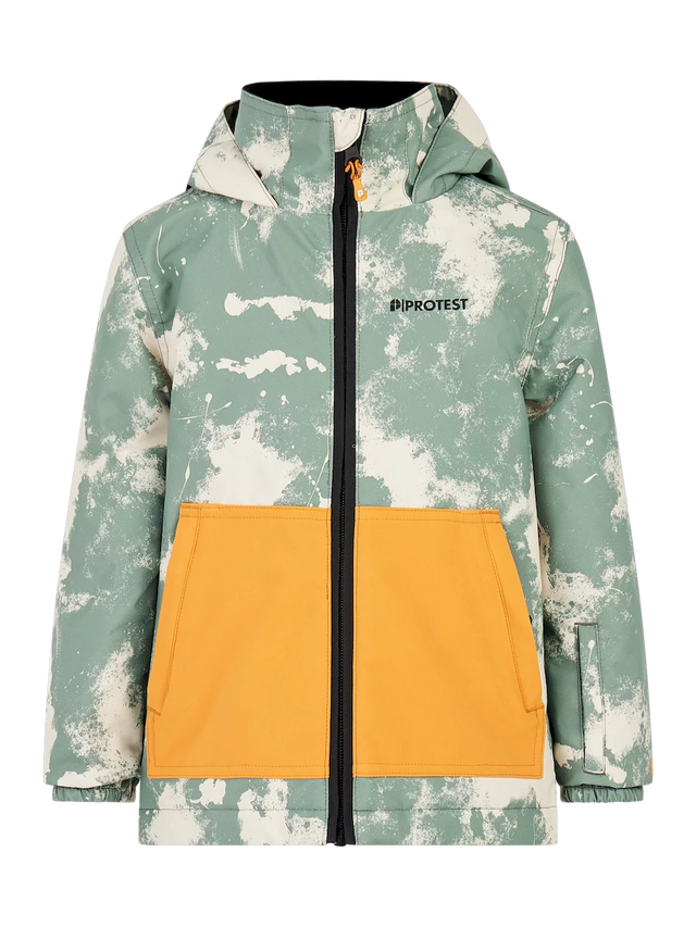 Protest Carlos toddler jacket in a sage green and cream cloud print with an orange lower panel, front view with the hood up.