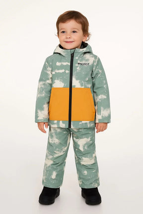 Protest Carlos Toddler Jacket 2026 ski jacket -- Aspen Green 4 colorway front view on model with hood and cuffs