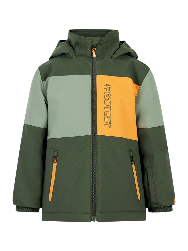 Protest Connor toddler jacket in green and mint color blocks with an orange chest panel, front view with the hood up.
