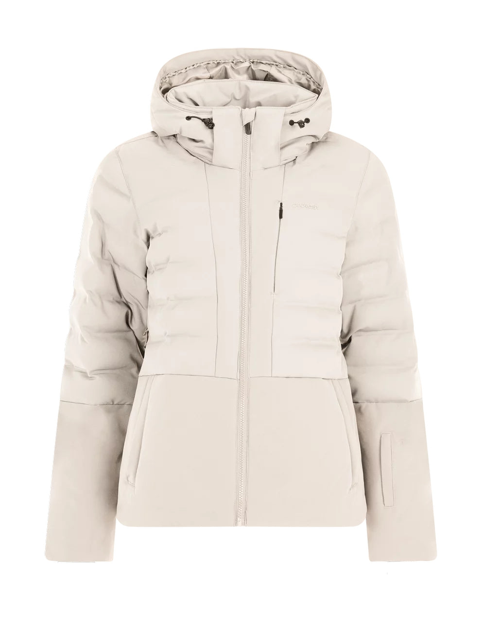 Protest Hazely Womens Jacket 2026 ski jacket -- Kit Off White colorway front view on model with hood and cuffs