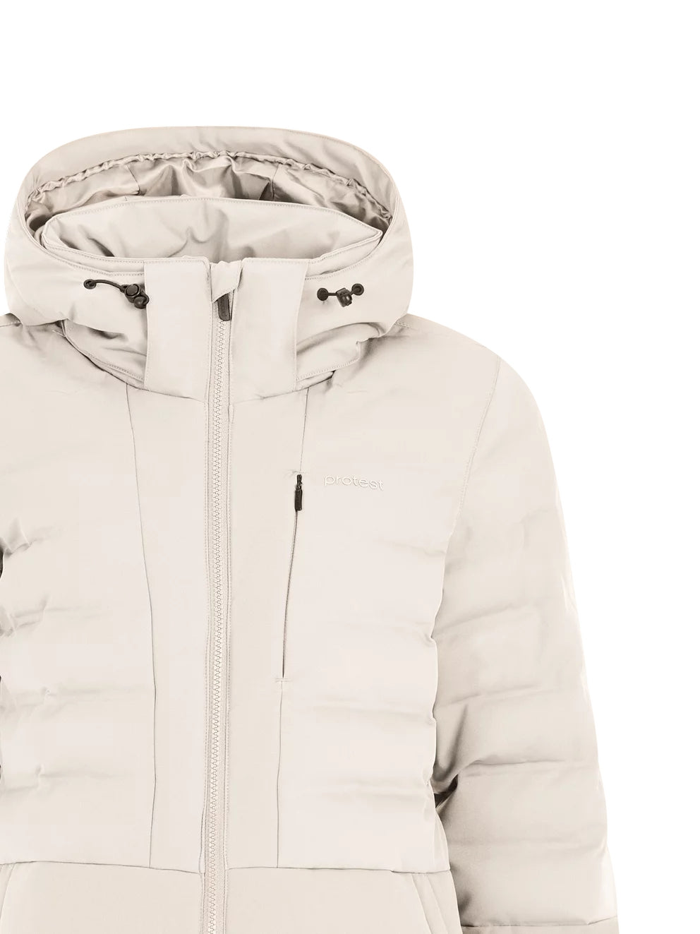 Protest Hazely Womens Jacket 2026 ski jacket -- Kit Off White colorway back view showing articulated powder skirt and fit