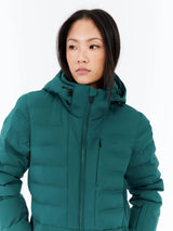 Protest Hazely Womens Jacket 2026 ski jacket -- Rainstorm Blue colorway front view on model with hood and cuffs