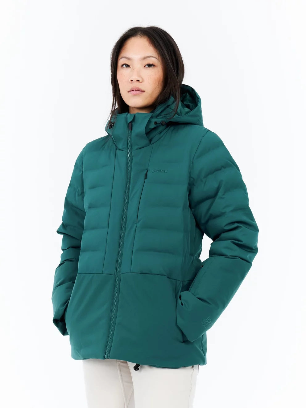 Protest Hazely Womens Jacket 2026 ski jacket -- Rainstorm Blue colorway lifestyle view showing full jacket silhouette