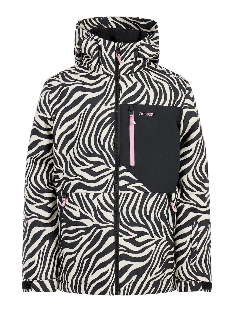 Protest Minx junior jacket in a black and white zebra print with a black chest pocket and a pink zipper pull, front view.