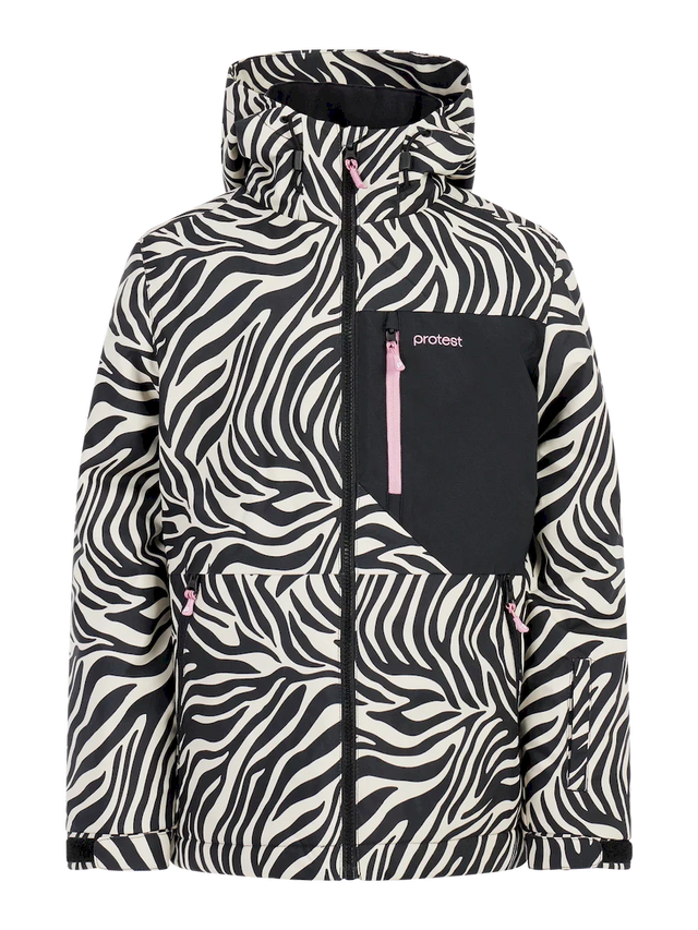 Protest Minx junior jacket in a black and white zebra print with a black chest pocket and a pink zipper pull, front view.