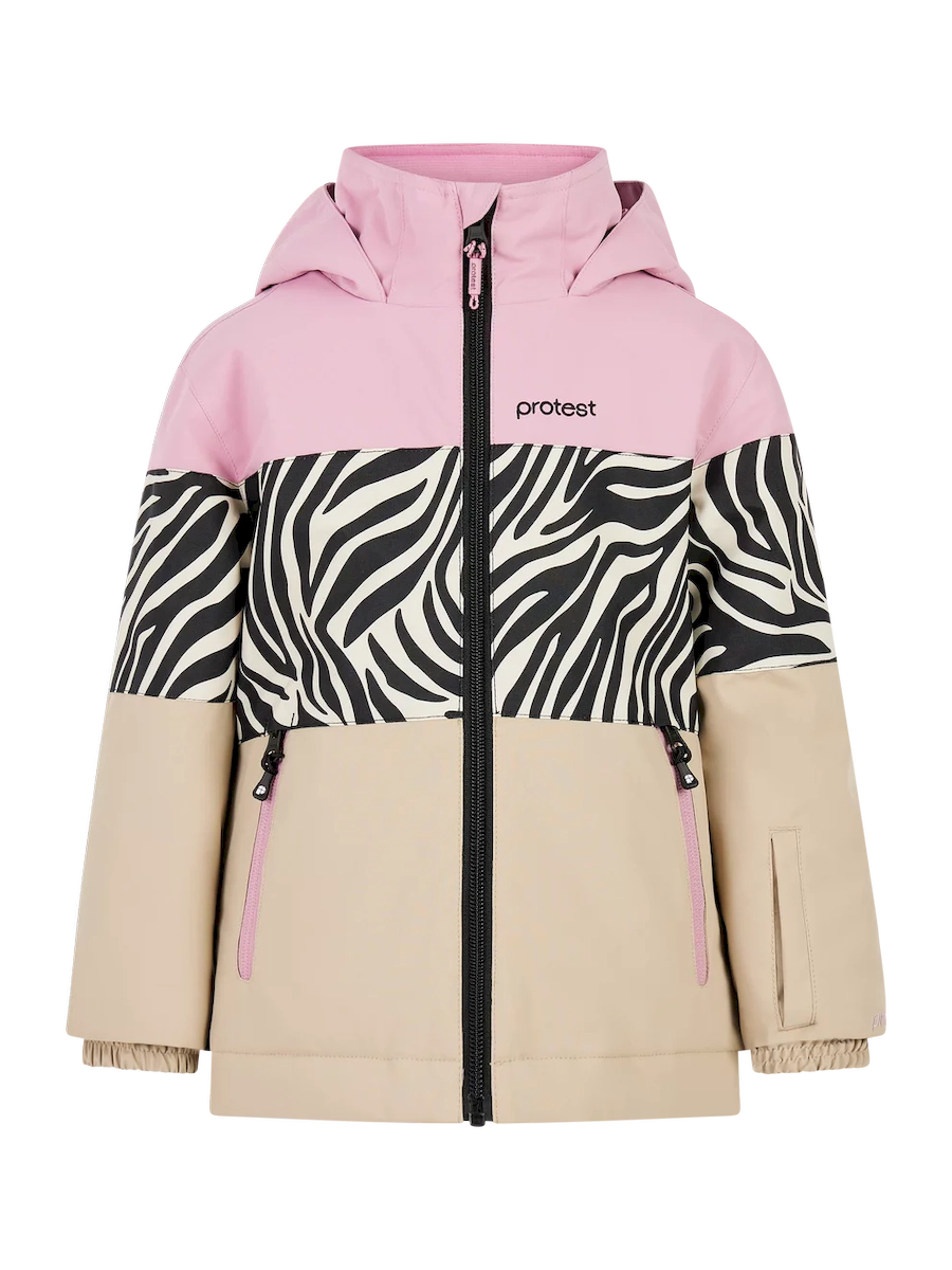 Protest Pleuni toddler jacket in pink, zebra print and tan color blocks, front view with the hood up and a black zipper.