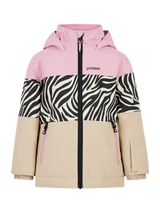 Protest Pleuni toddler jacket in pink, zebra print and tan color blocks, front view with the hood up and a black zipper.