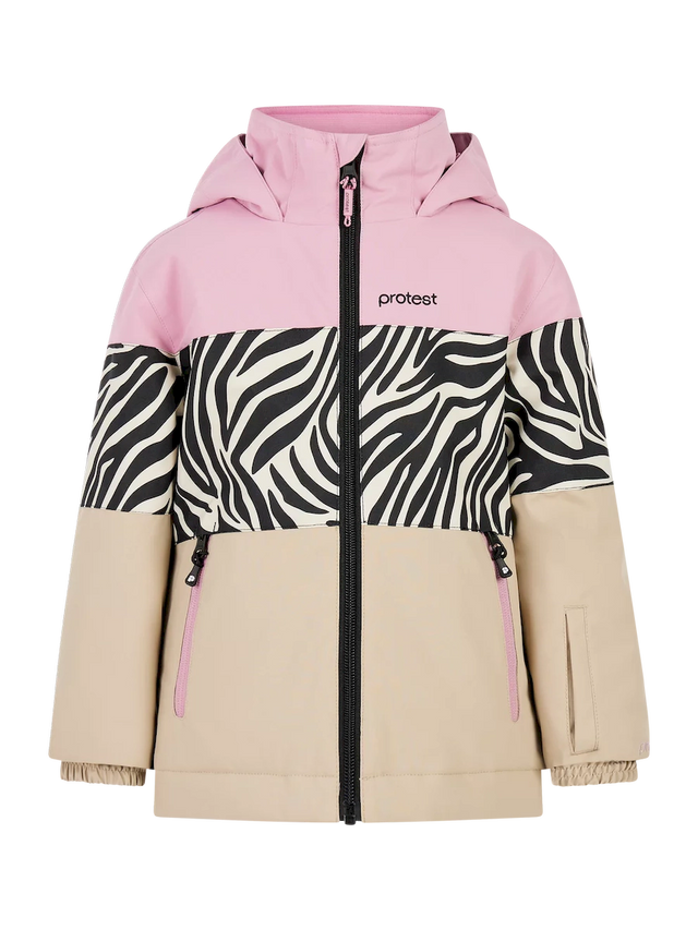 Protest Pleuni toddler jacket in pink, zebra print and tan color blocks, front view with the hood up and a black zipper.