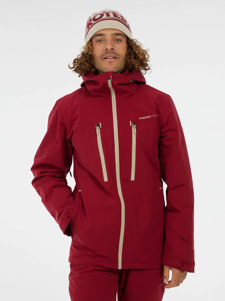 Protest Timothy Mens Jacket 2026 ski jacket -- Velvet Red colorway front view on model with hood and cuffs