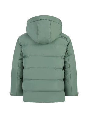 Protest Tumber Junior Jacket 2026 ski jacket -- Aspen Green colorway front view on model with hood and cuffs