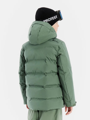 Protest Tumber Junior Jacket 2026 ski jacket -- Aspen Green colorway outside profile showing zippered pockets and seams