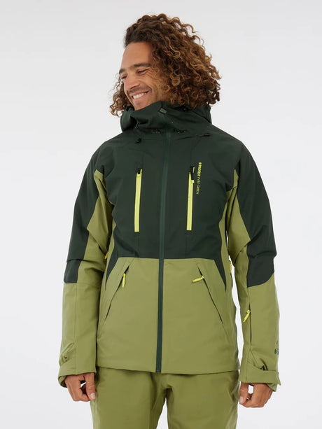 Protest Zoot Mens Jacket 2026 ski jacket -- Herbal Green colorway front view on model with hood and cuffs