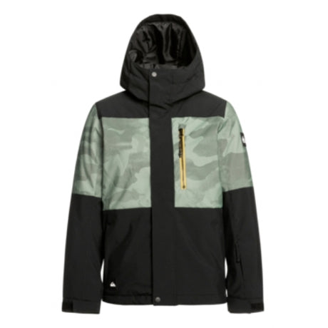 Quiksilver Mission Printed Block Junior Jacket ski jacket -- front view on model showing insulated shell and hood at Willis