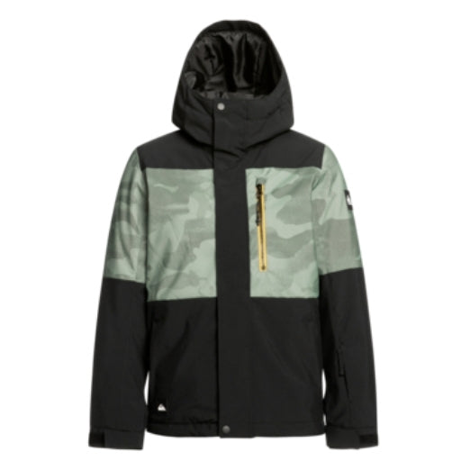 Quiksilver Mission Printed Block Junior Jacket ski jacket -- front view on model showing insulated shell and hood at Willis