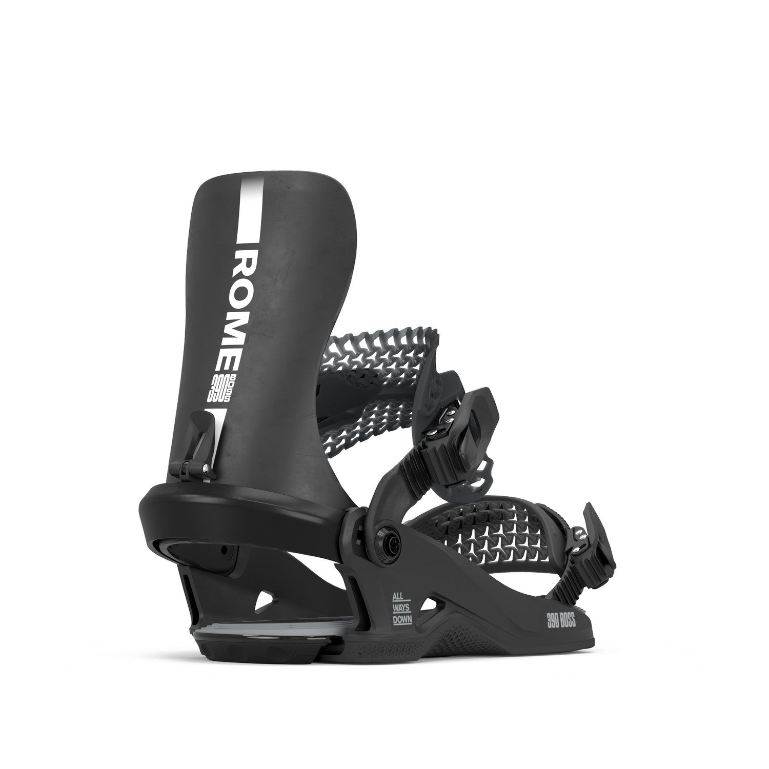 Rome 390 Boss Hw Snowboard Bindings 2026 snowboard binding -- Black Lg colorway top view showing highback and straps