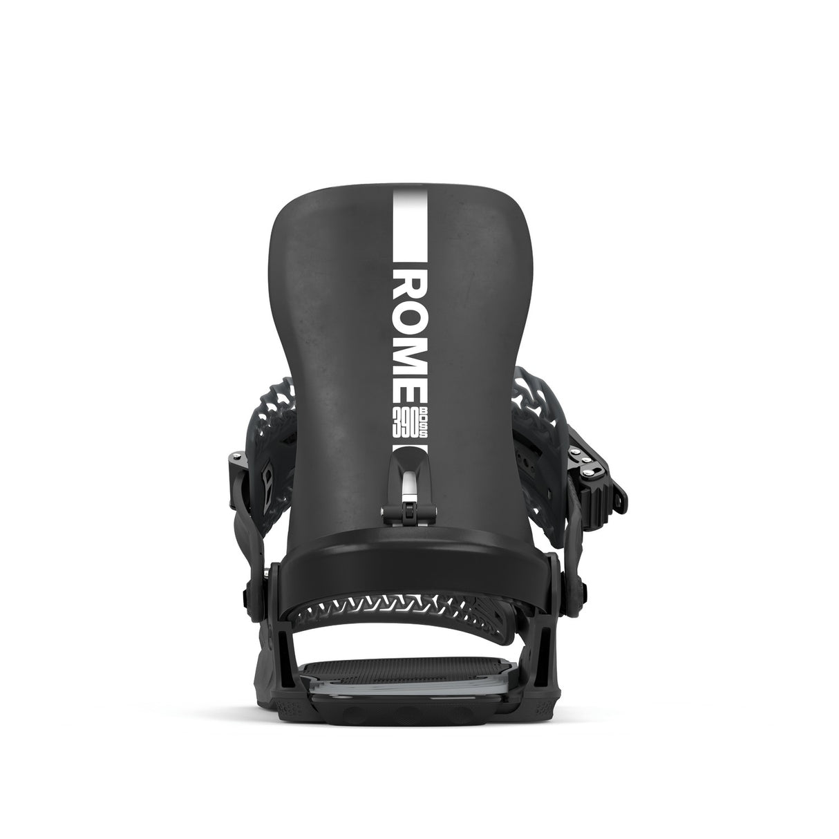 Rome 390 Boss Hw Snowboard Bindings 2026 snowboard binding -- Black Med Lg colorway top view showing highback and straps