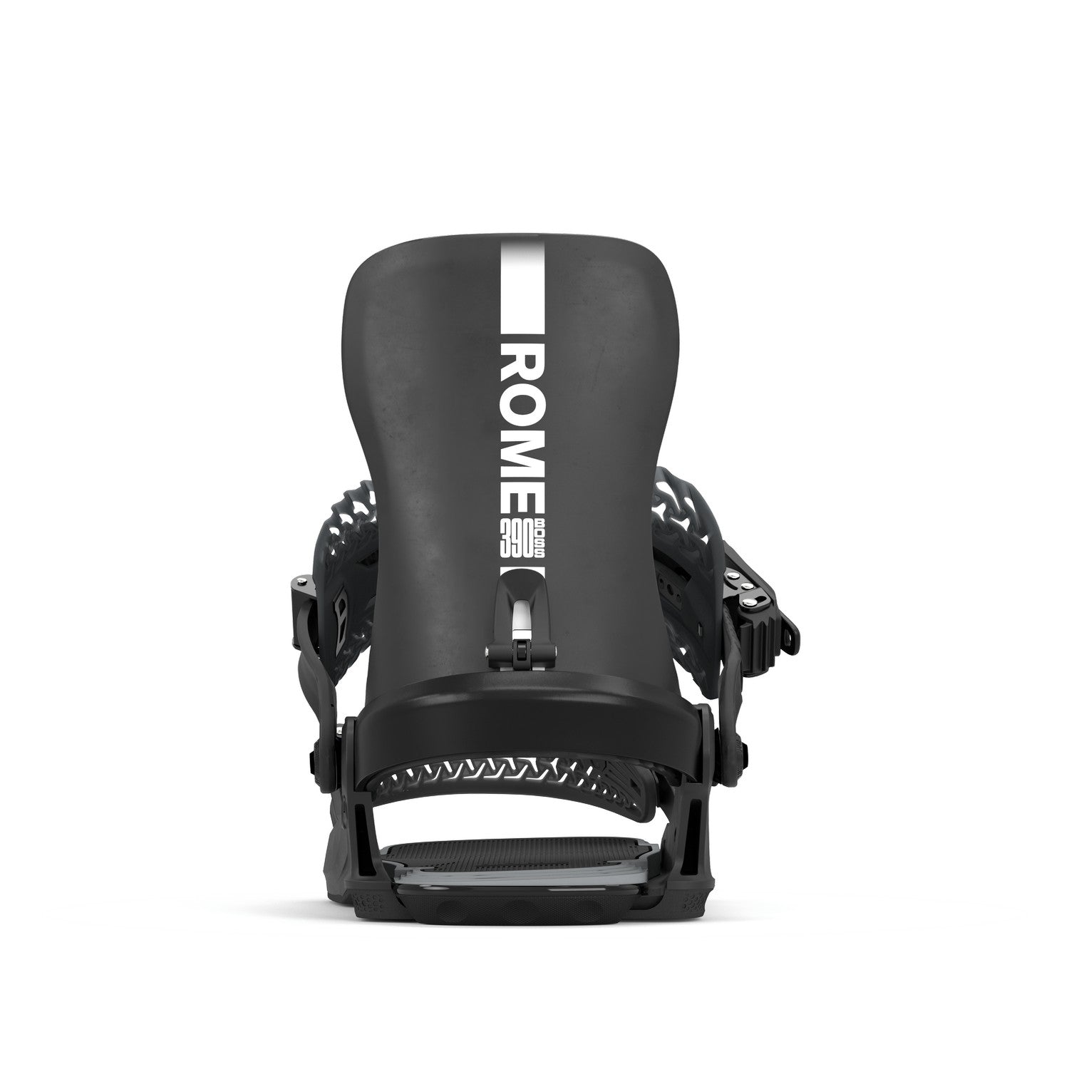 Rome 390 Boss Hw Snowboard Bindings 2026 snowboard binding -- Black Med Lg colorway top view showing highback and straps