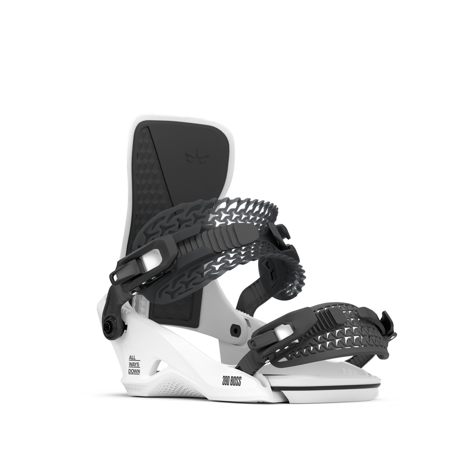 Rome 390 Boss Hw Snowboard Bindings 2026 snowboard binding -- White Med Lg colorway ankle strap detail