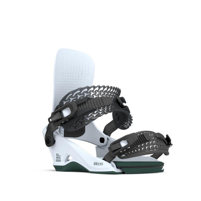 Rome Brass HW snowboard binding in white and black with a green base, angled side view of the highback and the two straps.