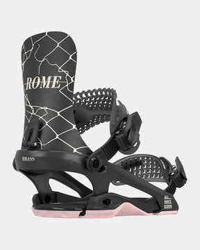 Rome Brass Snowboard Bindings snowboard binding -- Black Med Lg colorway top view showing highback and straps