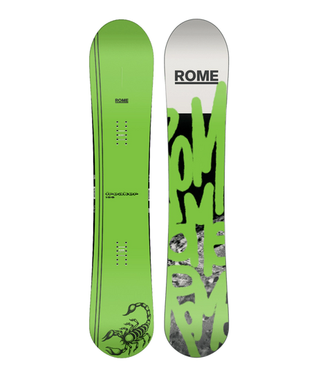 Rome Freaker snowboard, top and base view with a bright green top and a black and green base with the Rome name and a scorpion.