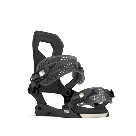Rome Hydra AW snowboard binding in black with a cream base edge, angled side view of the cut-out highback and the straps.