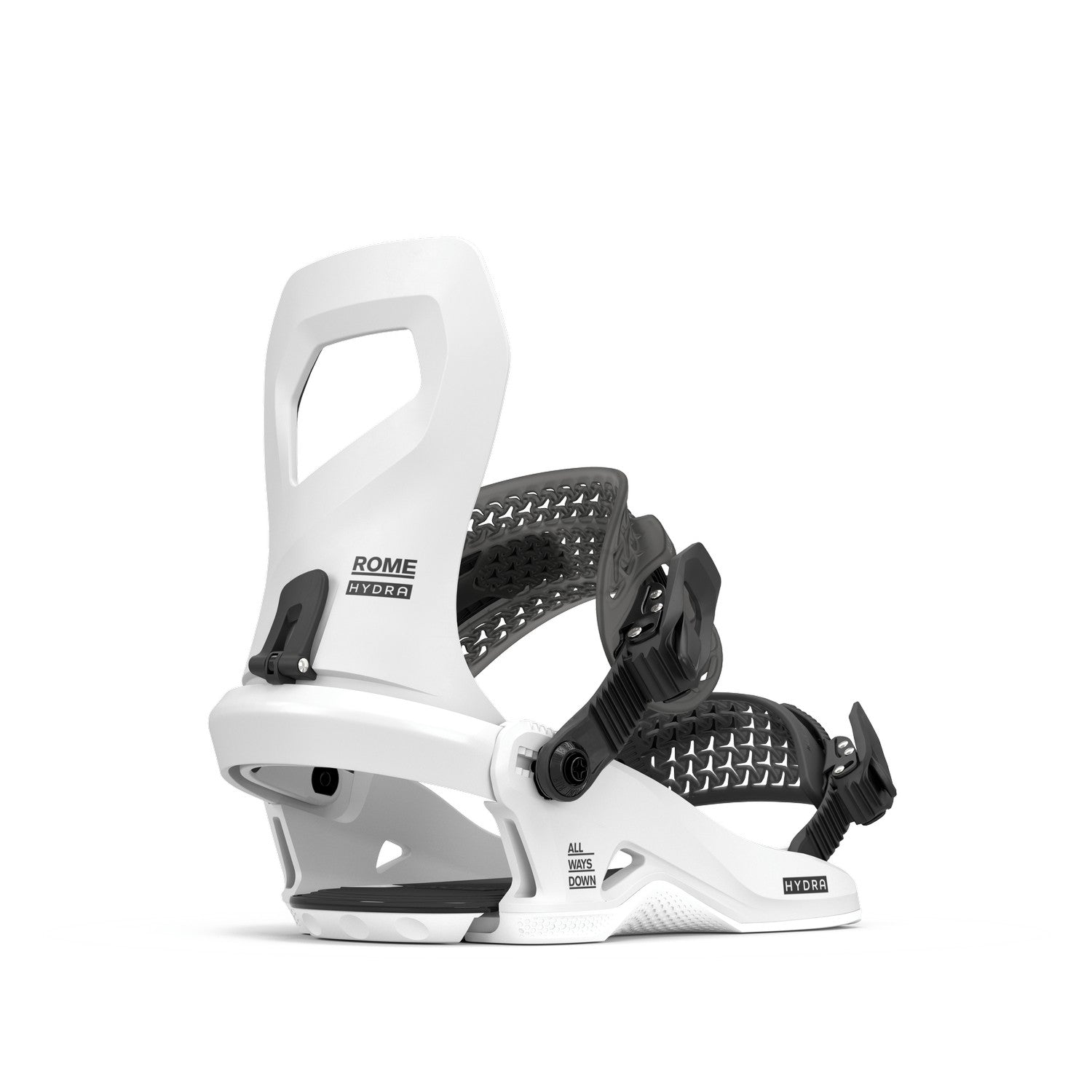 Rome Hydra Hw Snowboard Bindings 2026 snowboard binding -- White Small colorway top view showing highback and straps