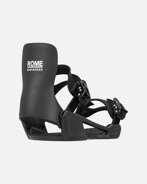 Rome Minishred Snowboard Bindings 2026 snowboard binding -- Black Small colorway top view showing highback and straps