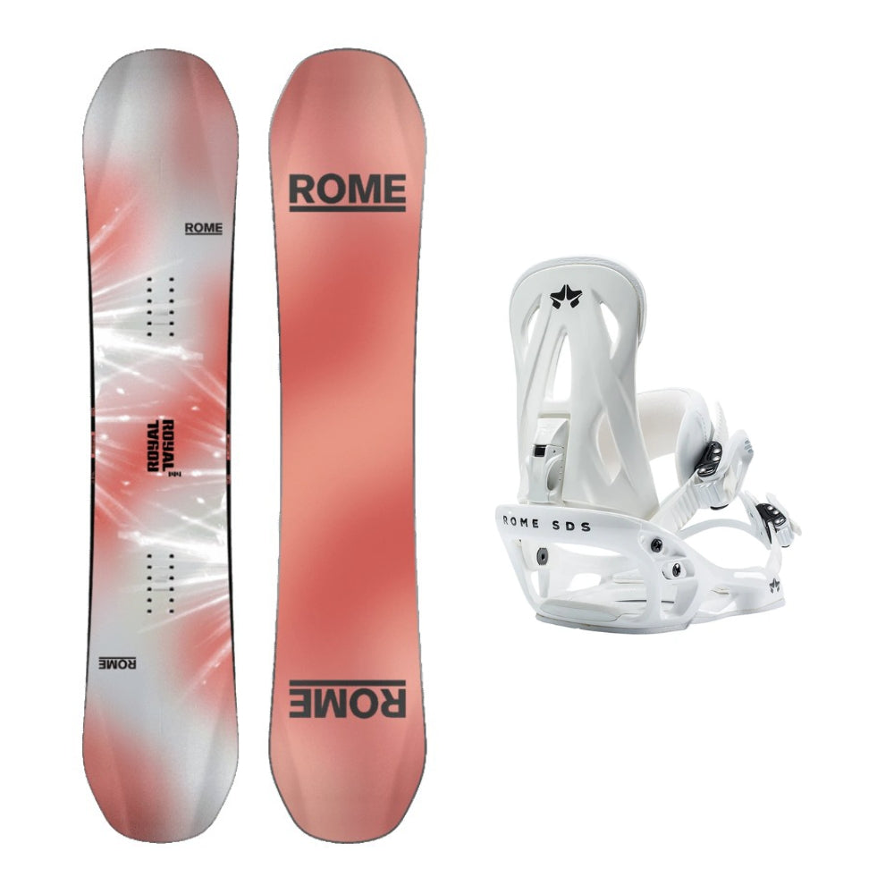 Rome Royal Snowboard 2026 alpine binding -- With Rome Shift Bindings colorway top view showing toe and heel piece