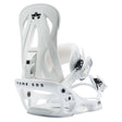 Rome Shift snowboard binding in white, angled side view of the highback, the ankle strap, the toe strap and the Rome SDS name on the base.