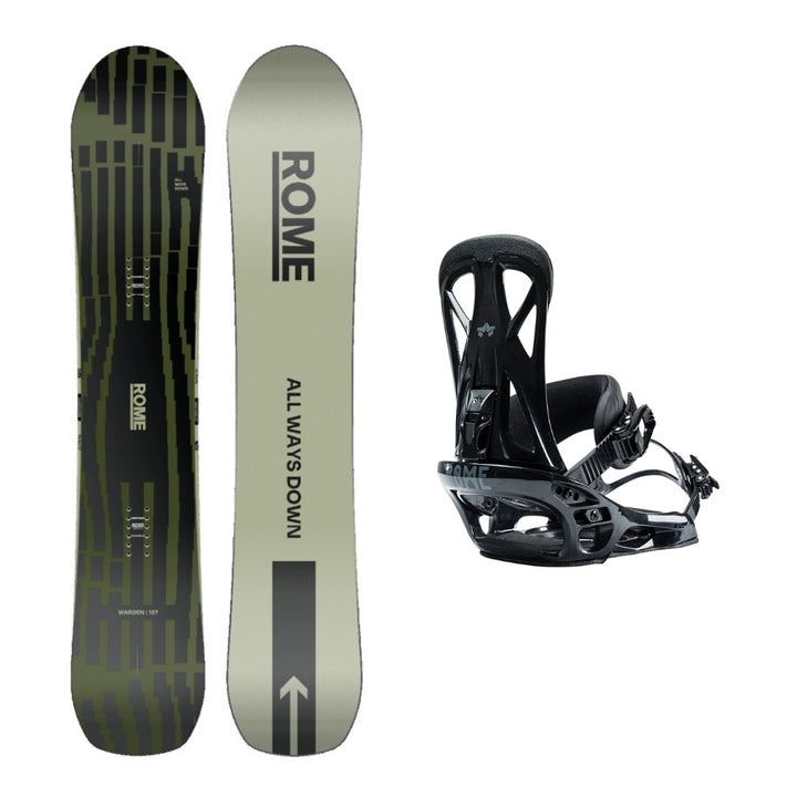 This is an image of Rome Warden Snowboard 2026 with Rome United Bindings