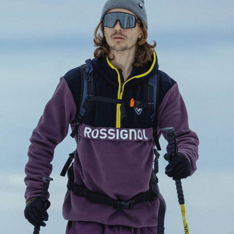 Rossignol Alltrackmens Fleece mid layer -- Mulberry colorway chest pocket and zipper detail