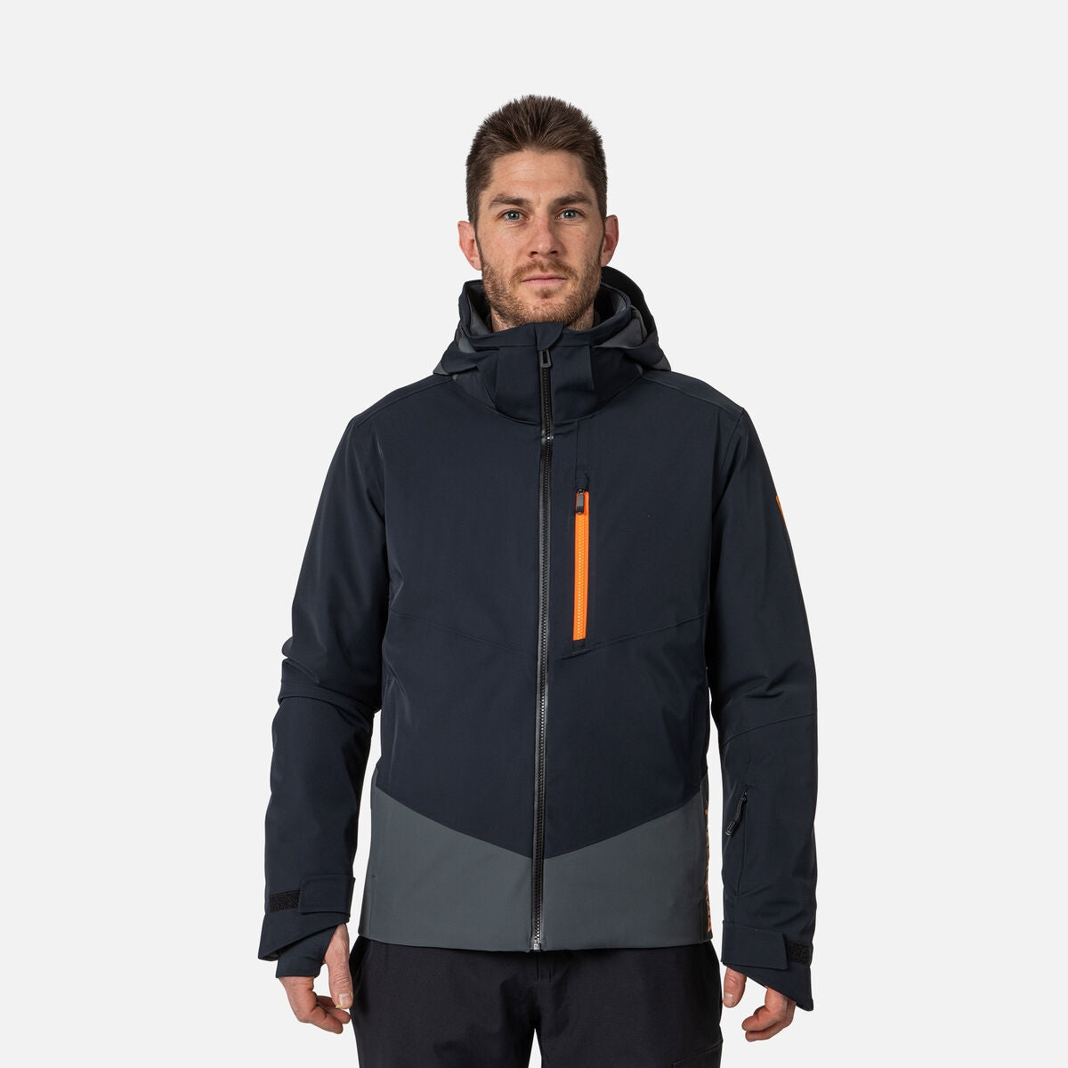Rossignol Blackside Mens Jacket 2026 ski jacket -- front view on model showing insulated shell and hood at Willis Ski and