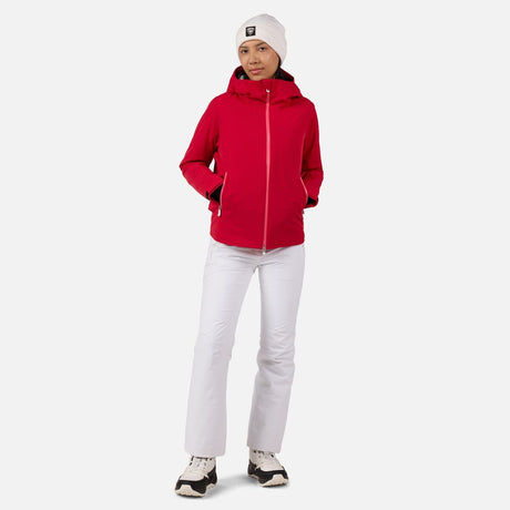 Rossignol Blackside Womens Jacket ski jacket -- Ruby Red colorway front view on model with hood and cuffs