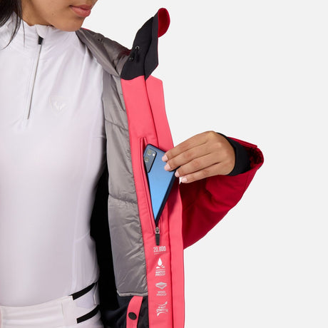 Rossignol Blackside Womens Jacket ski jacket -- Ruby Red colorway detail view of hood lining and wrist cuff design