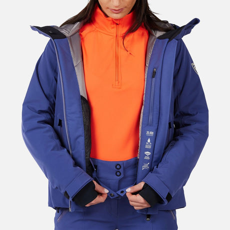 Rossignol Blackside Womens Jacket 2026 ski jacket -- Future Blue colorway back view showing articulated powder skirt and fit