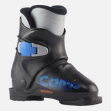Rossignol Comp J1 youth ski boot in black with a gray liner and a blue buckle, side view of the small one-buckle boot. Available at Willi's Ski Shop.