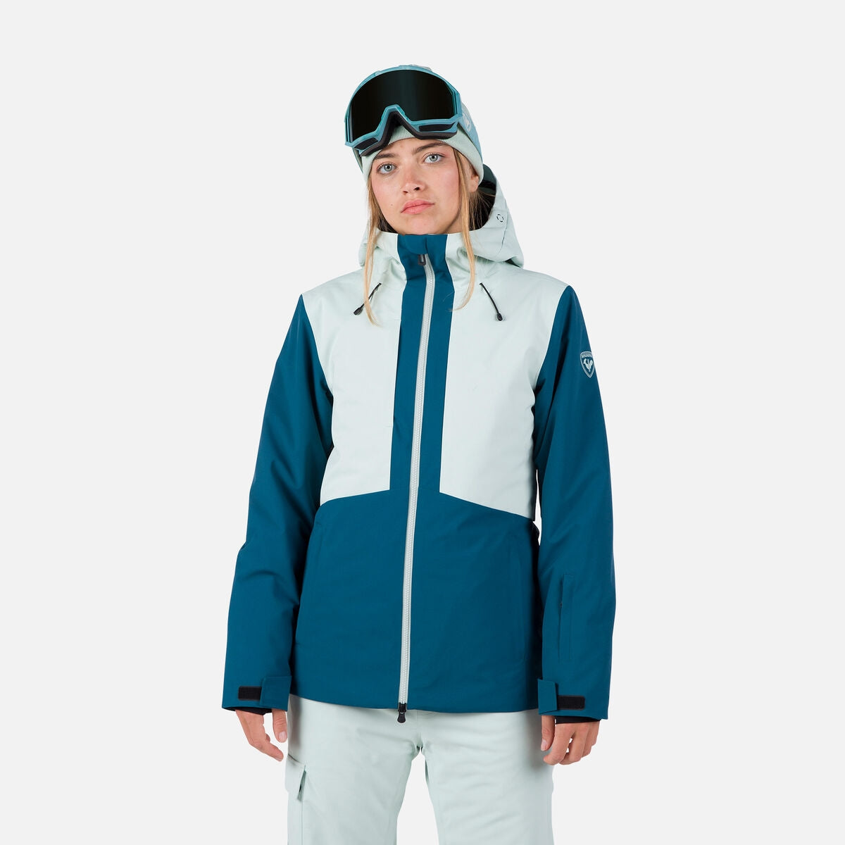 Rossignol Corbets Womens Jacket ski jacket -- front view on model showing insulated shell and hood at Willis Ski and Board